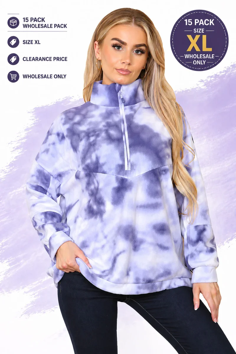 15 Pack Women’s Tie Dye Quarter Zip Fleece Pullover XL - From £2.25 Per Unit