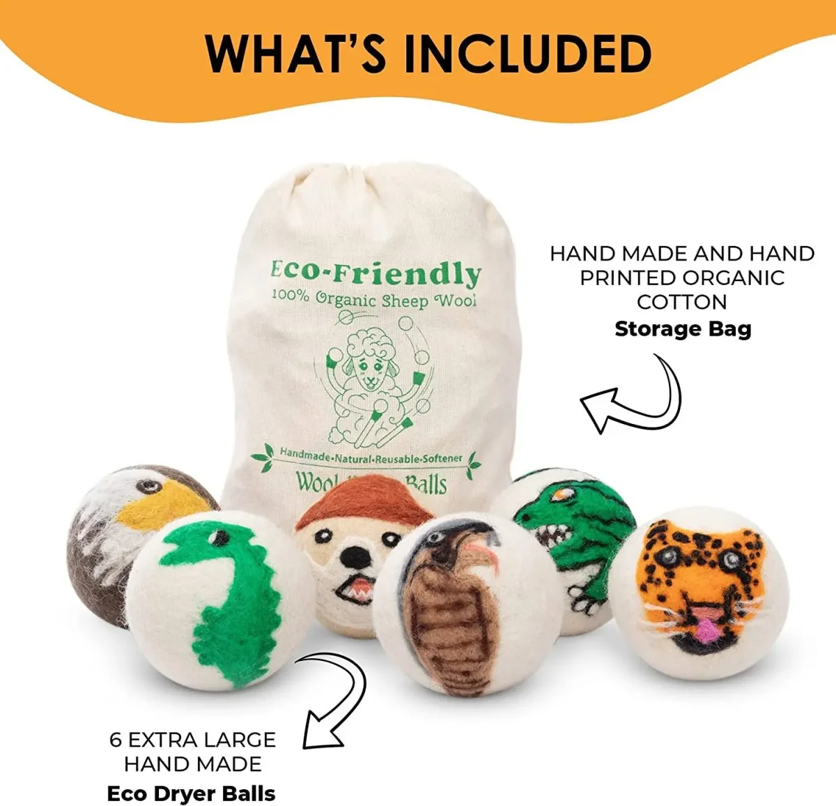 Set of 3 Woolygon Wool Dryer Balls - Animal Face Printed Reusable Organic Fabric Softener Balls, Handmade Fair Trade No Lint Extra Large Laundry Balls, Reduces Clothing Wrinkles Best for Cloth Drying - 6 Pack - Image 4