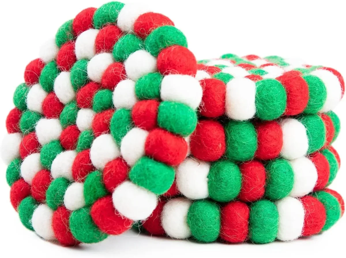 Square Felt Ball Coasters - 100% Merino Wool Table Coasters - Felt Coaster Pads, Absorbent Trivet for Drinks - Heat Resistant, Thick & Durable Hand Felted in Nepal by Woolygon- Multicolor - Set of 5