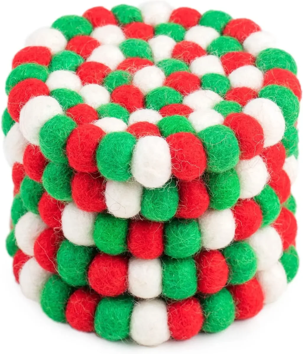 Square Felt Ball Coasters - 100% Merino Wool Table Coasters - Felt Coaster Pads, Absorbent Trivet for Drinks - Heat Resistant, Thick & Durable Hand Felted in Nepal by Woolygon- Multicolor - Set of 5 - Image 5